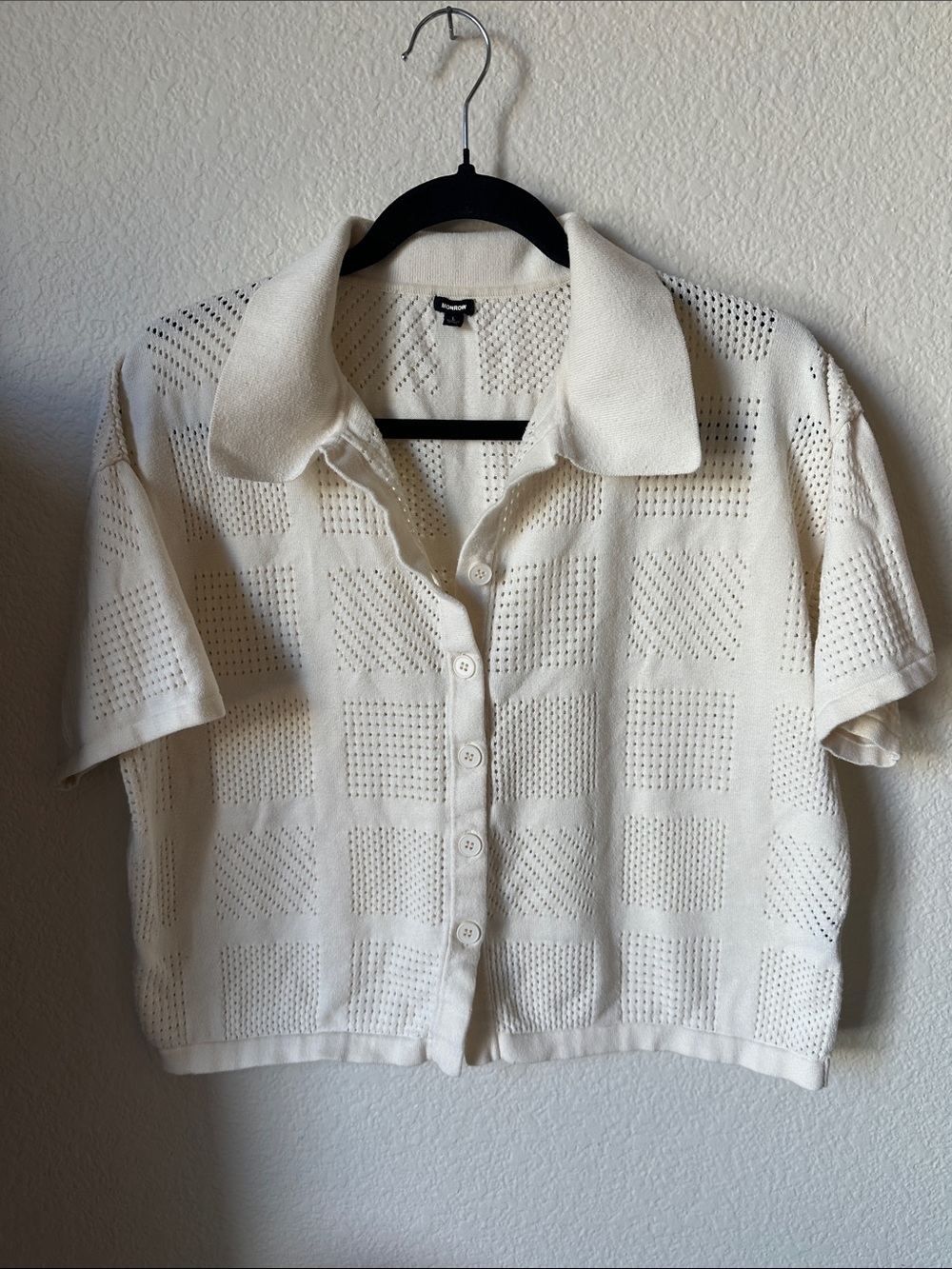 Monrow Cream Open-Knit Button-Down Polo Top